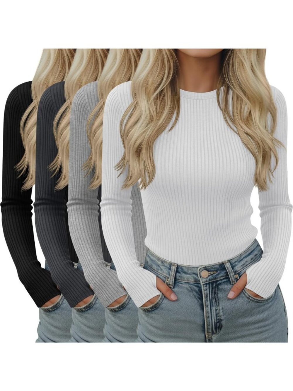 4 Pack Women's Long Sleeve Tops with Thumb Holes - Comfy & Stylish Basics